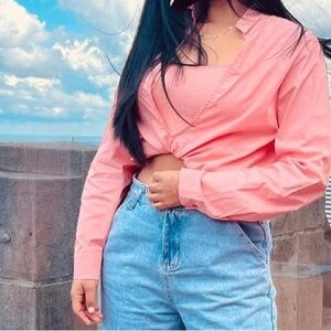 HYFVE Pink Long Sleeve Button Down Crop Top